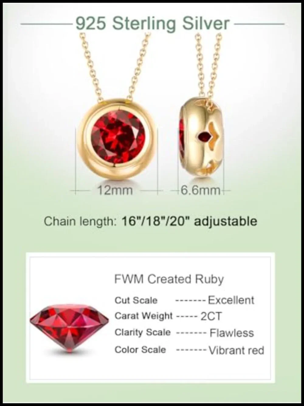 2CT Ruby Pendant Necklace, Solid 925 Sterling Silver, Adjustable 16-20